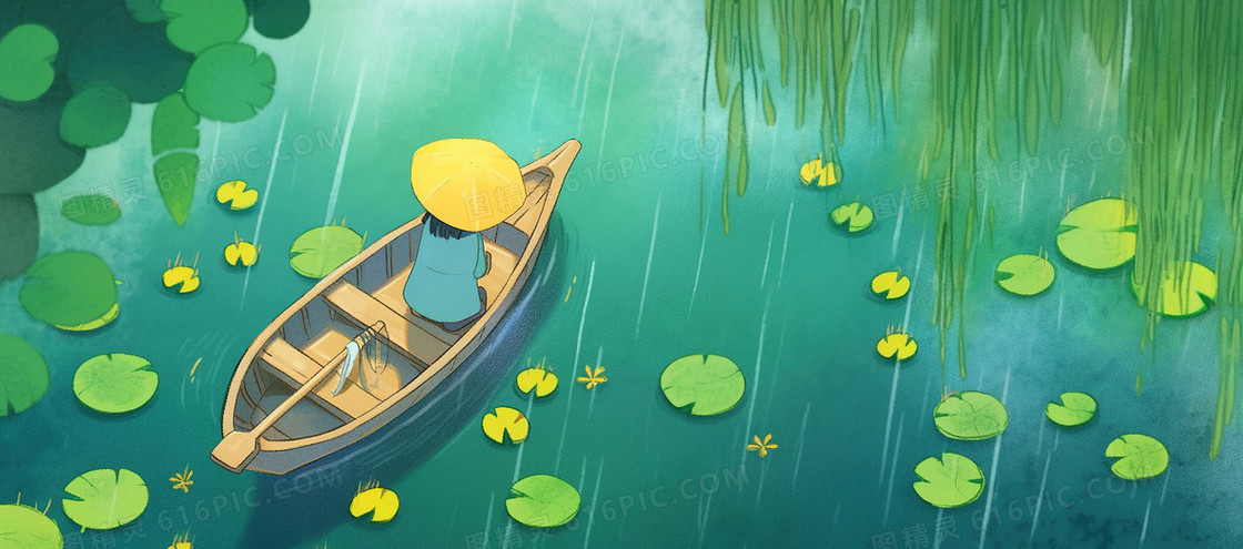 夏季下雨天女孩撑伞划船插画