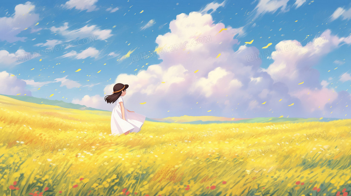 春天蓝天白云草地上的女孩背影插画
