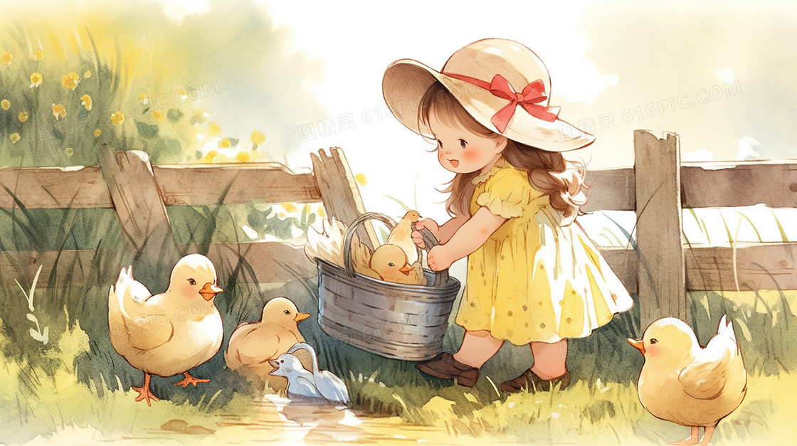 可爱小女孩照顾小鸡小鸭插画