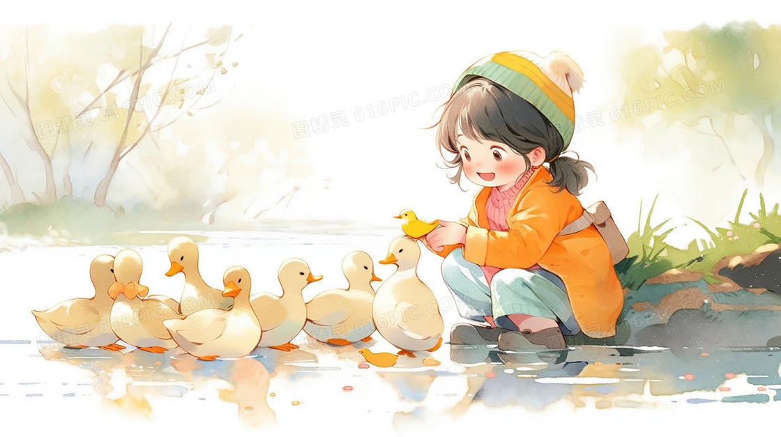 一个在喂养鸭子的小女孩插画
