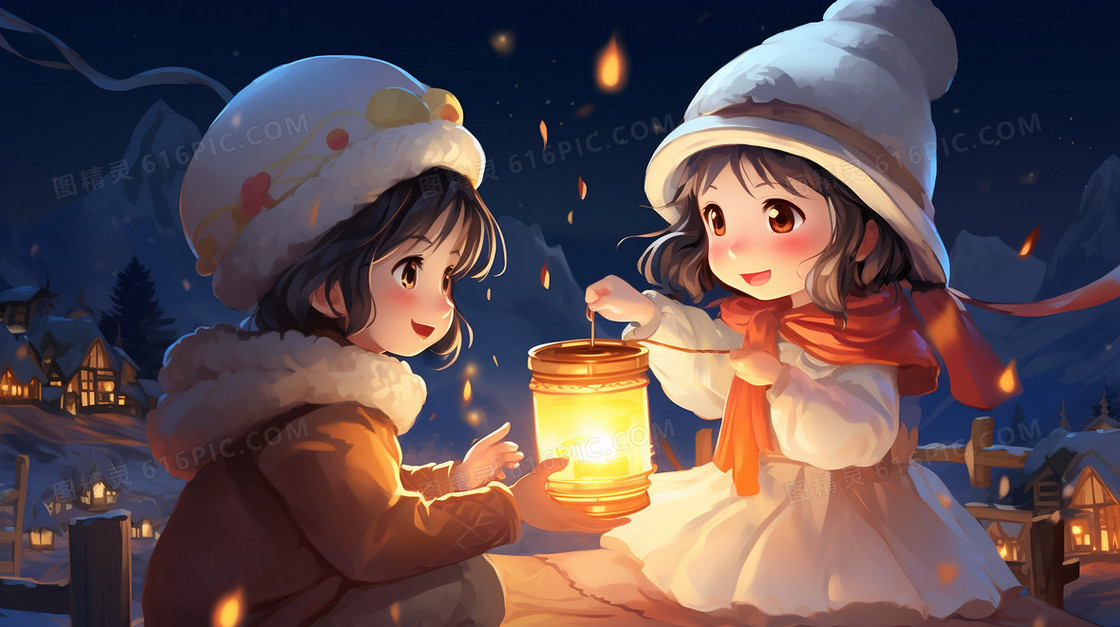 元宵节两个女孩赏花灯插画