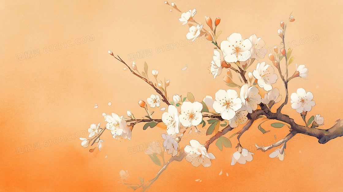 中国风绽放的桃花风景插画