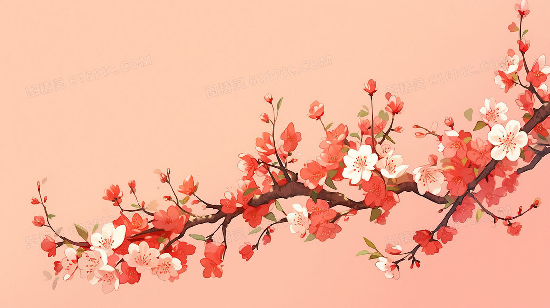 唯美中国风春季桃花风景插画