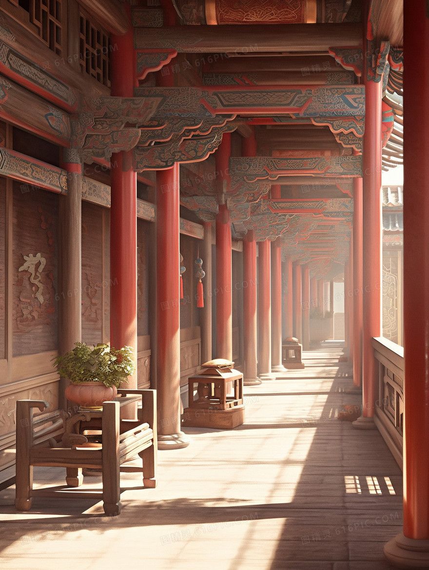 唯美古代中式建筑长廊插画