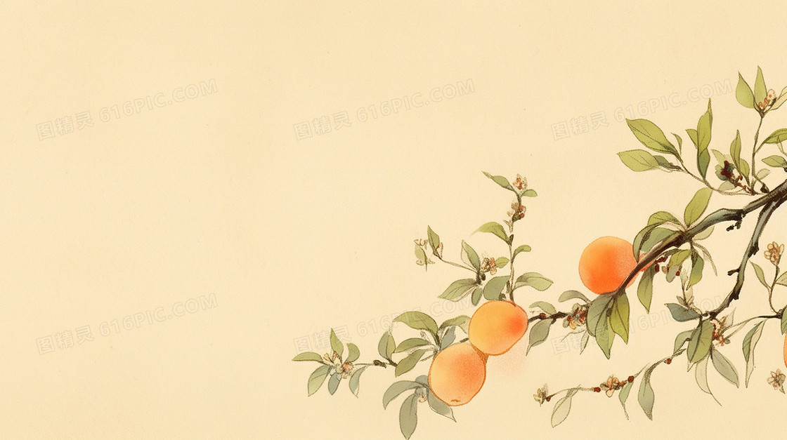 黄色中国风水墨水果桃子插画