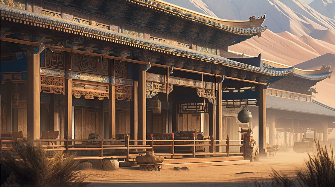 黄色古代中式建筑风景插画