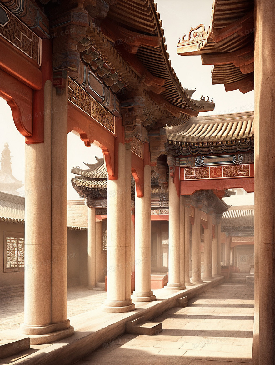 唯美中式建筑长廊风景插画