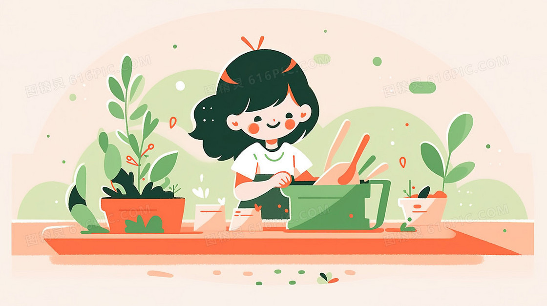 一个可爱的女孩在种植盆栽插画