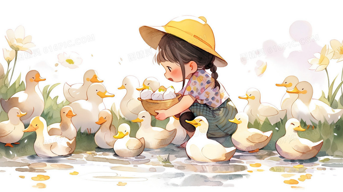一个在喂养鸭子的小女孩插画