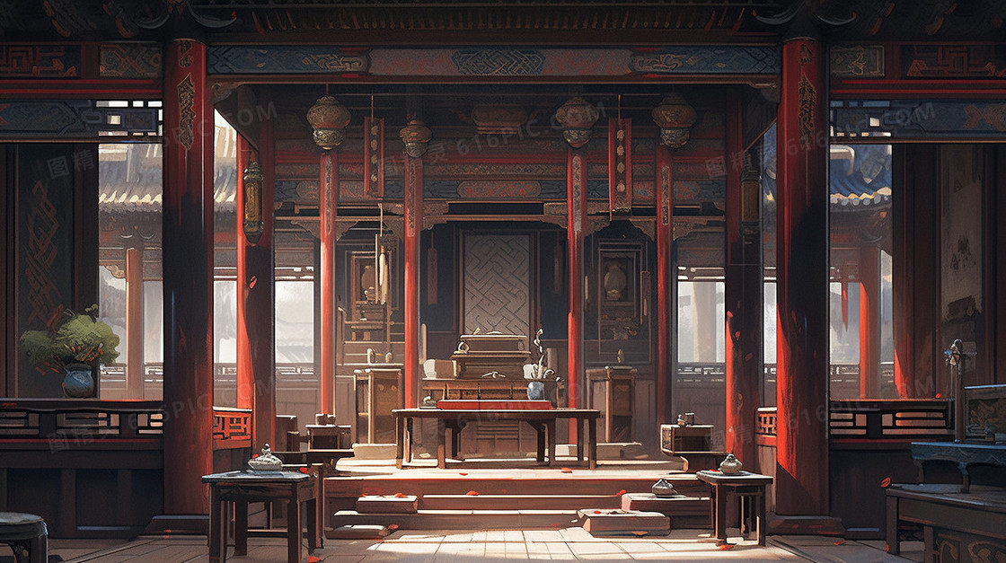 古代中式内景建筑插画