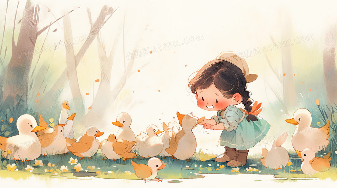一个在喂养鸭子的小女孩插画