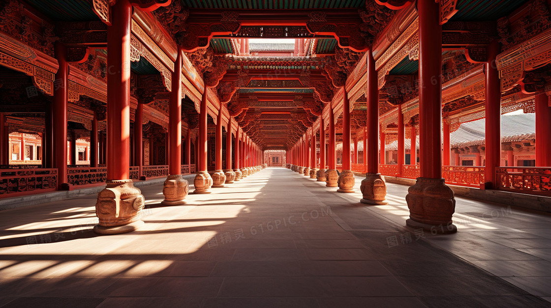 唯美中式建筑长廊风景插画