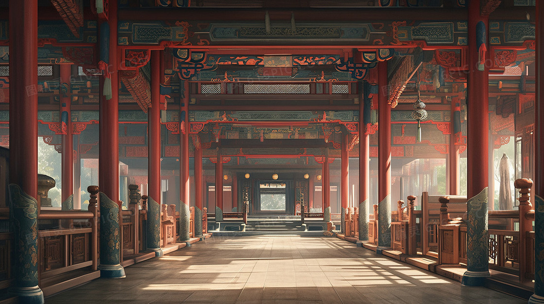 唯美中式建筑长廊风景插画