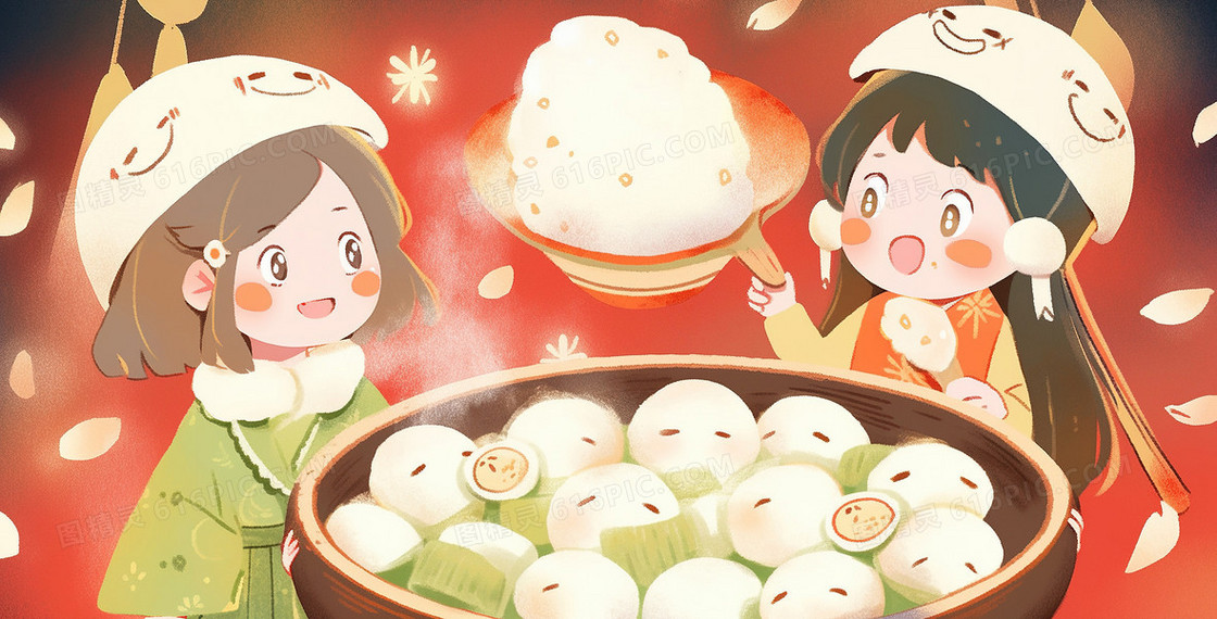 元宵节两个女孩吃汤圆插画