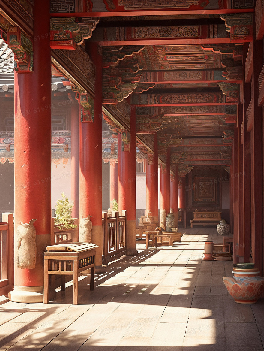 唯美中式建筑长廊风景插画