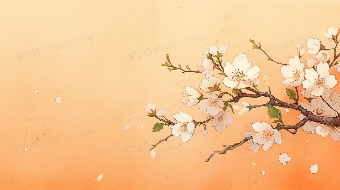 中国风绽放的桃花风景插画