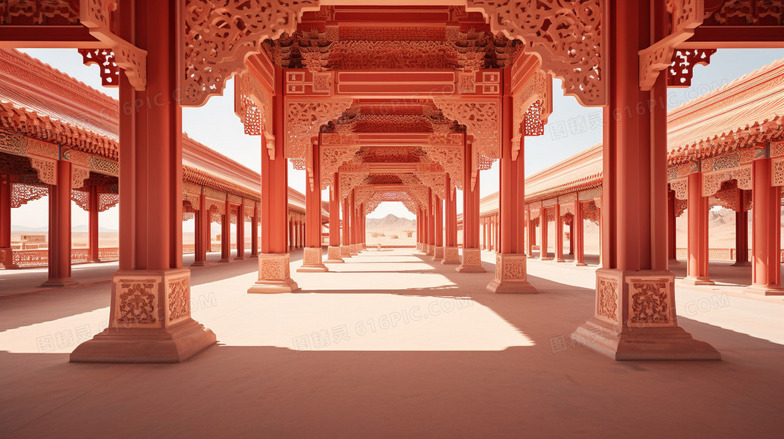 唯美古代中式建筑长廊插画