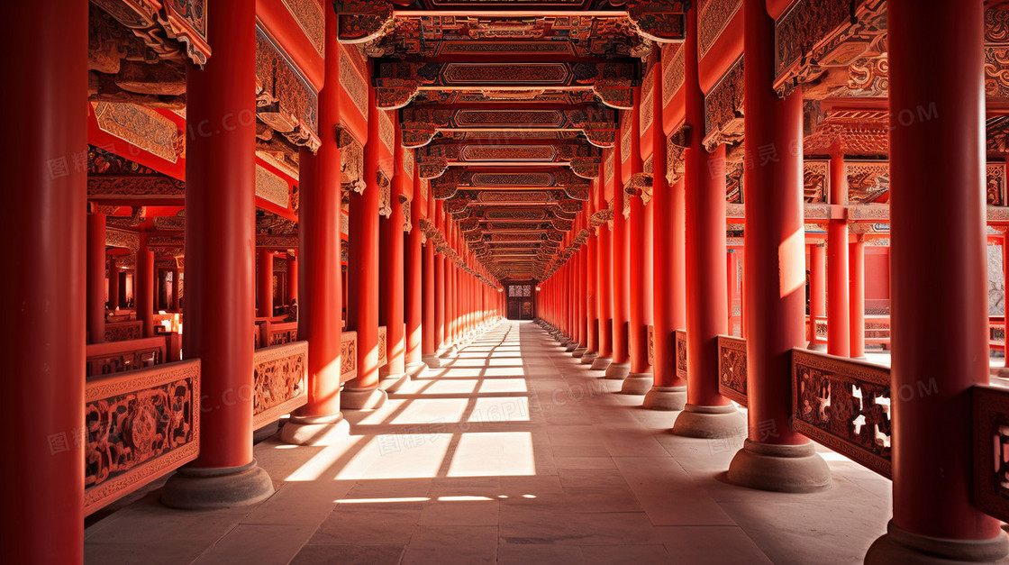 唯美中式建筑长廊风景插画