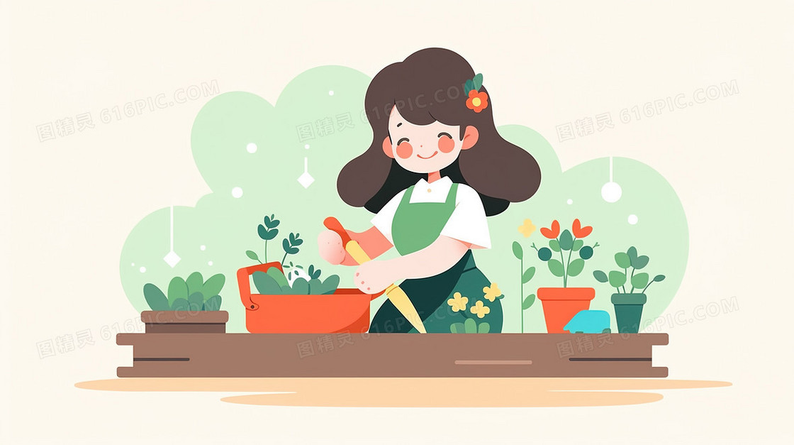 一个可爱的女孩在种植盆栽插画