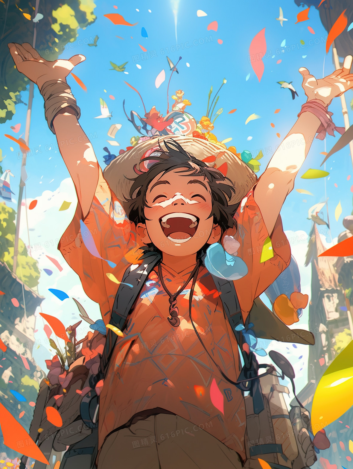 阳光下的雪山上的小木屋插画