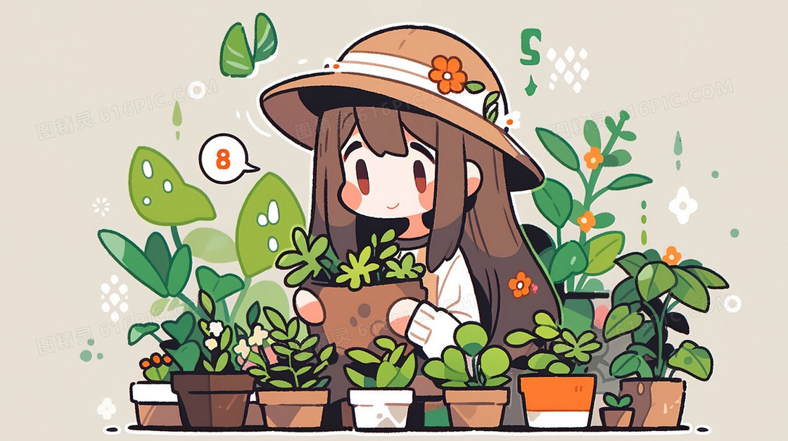 照料绿植盆栽的女生插画