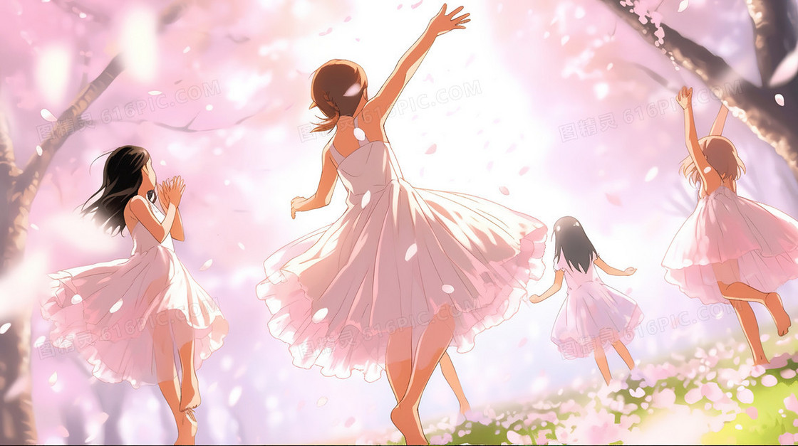 盛开的樱花树下跳舞的女孩插画
