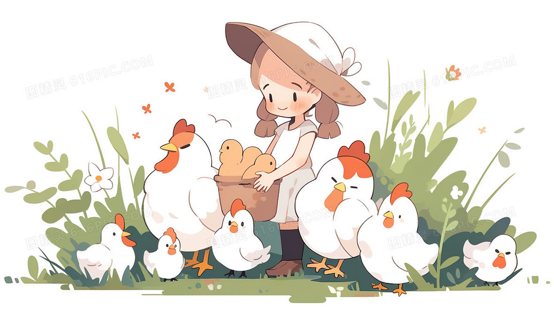 小女孩喂养小鸡插画