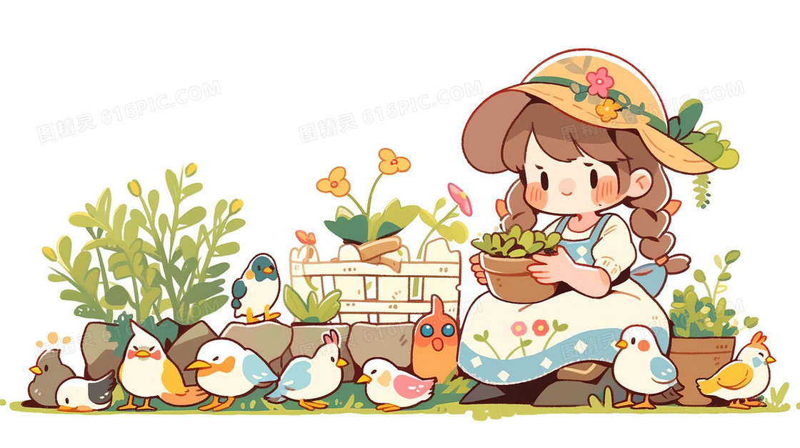 小女孩喂养小鸡插画