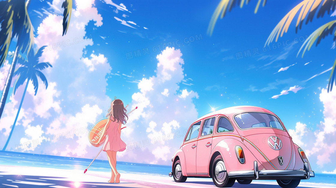 夏日海边的少女与车插画