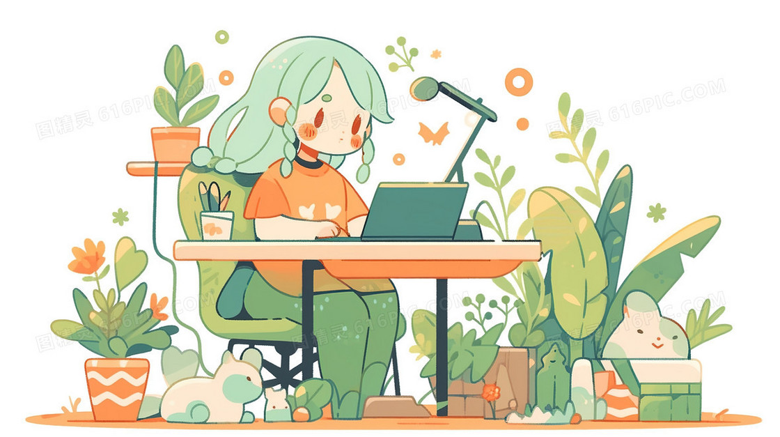盆栽植物丛中工作的女生插画