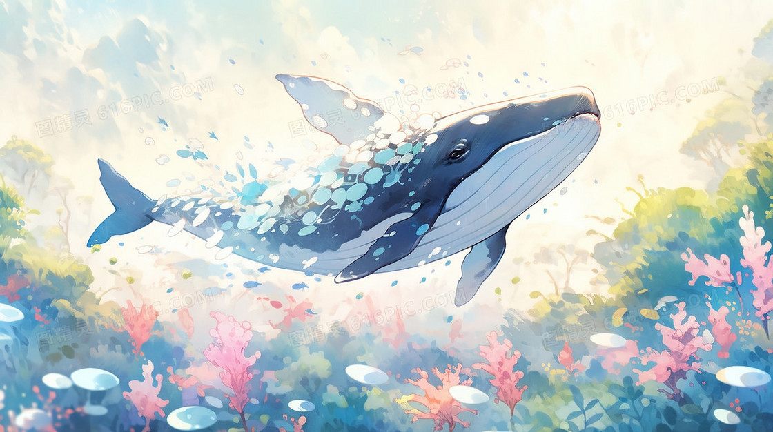 彩色海底世界里的鲸鱼插画