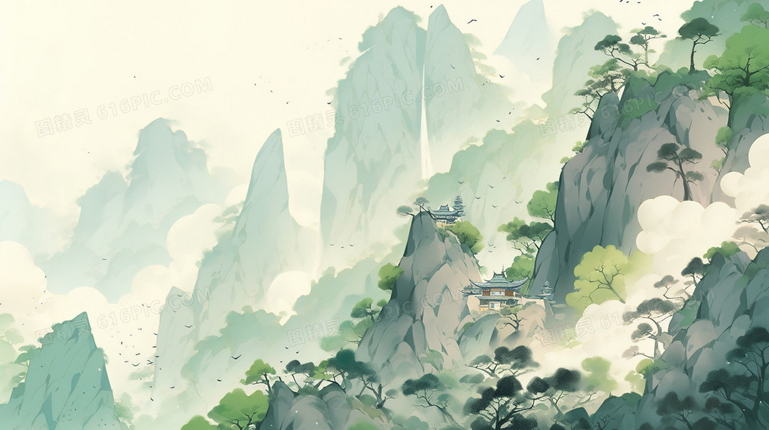 山雾袅绕的群山峻岭山水插画