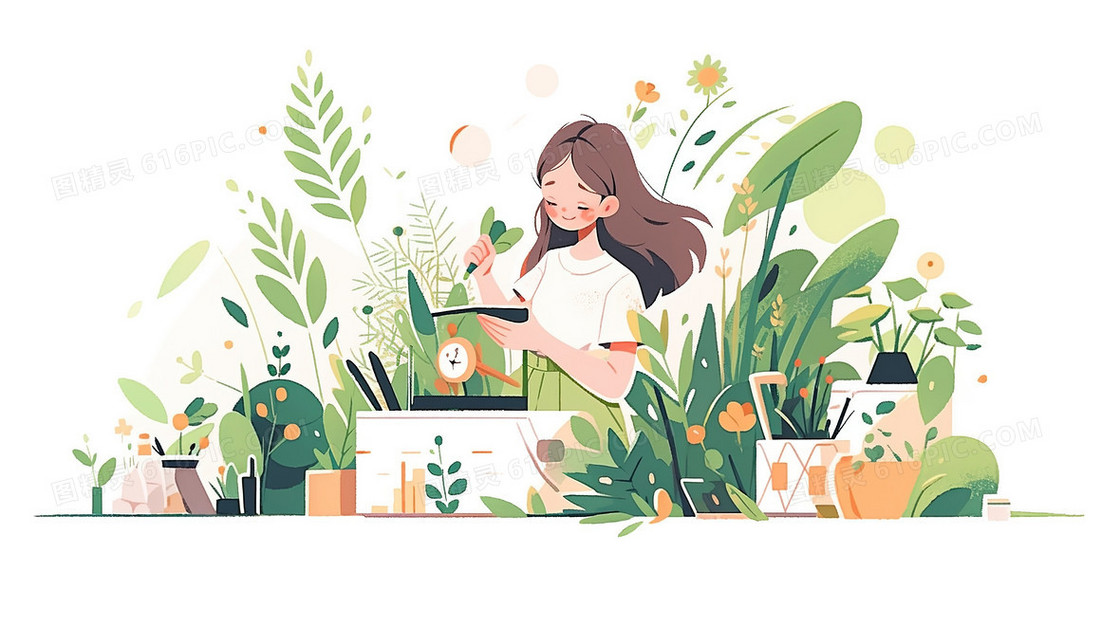 盆栽植物丛中工作的女生插画