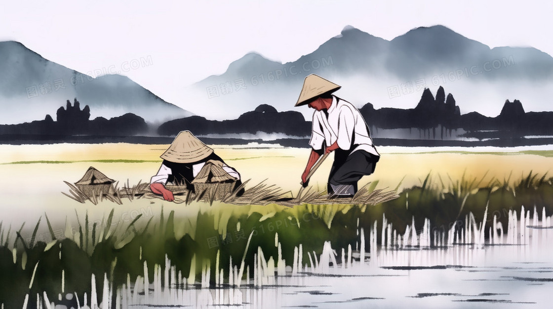 水稻田里干活的的农民插画