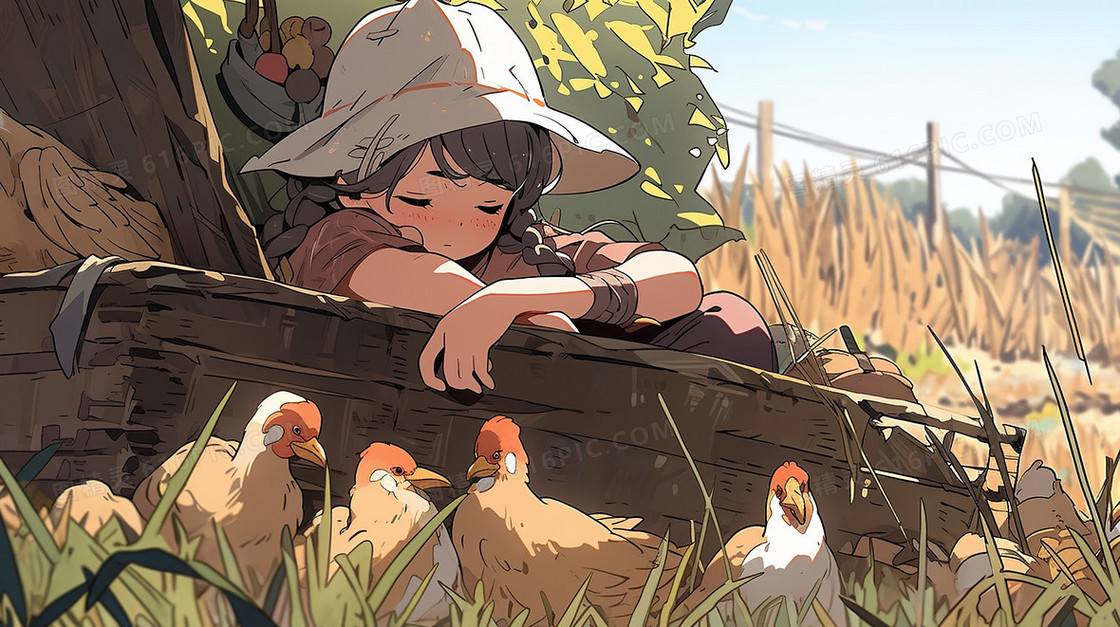 农场里趴着睡觉小女孩插画