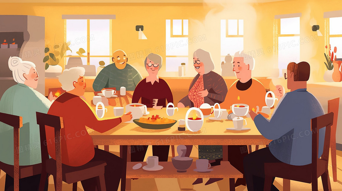 老年人快乐聚餐插画
