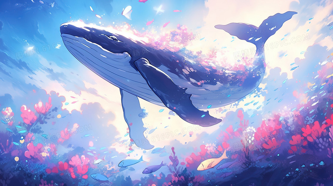 彩色海底世界里的鲸鱼插画