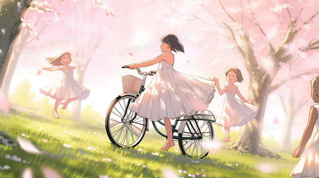 春天在樱花树林里骑自行车玩耍的小孩插画