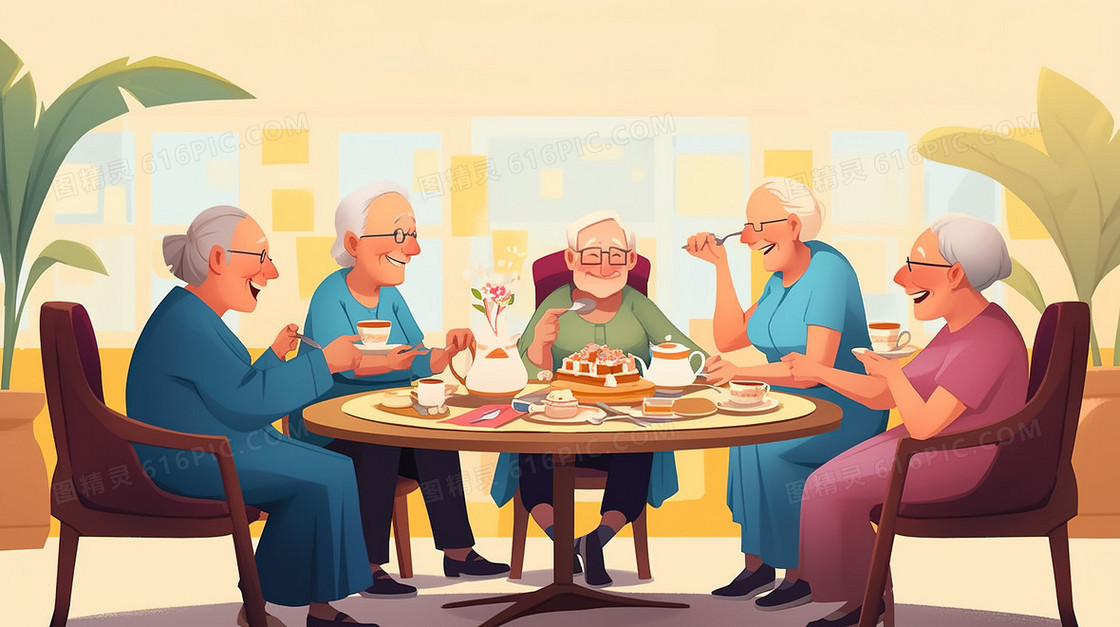 老年人一起聚餐插画
