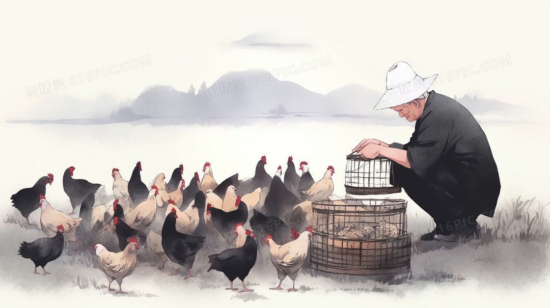 农场里喂养鸡群的农民插画