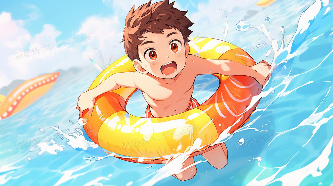 夏日在凉爽水里游泳的男孩插画