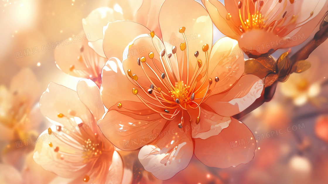 春天里的粉色花朵特写插画