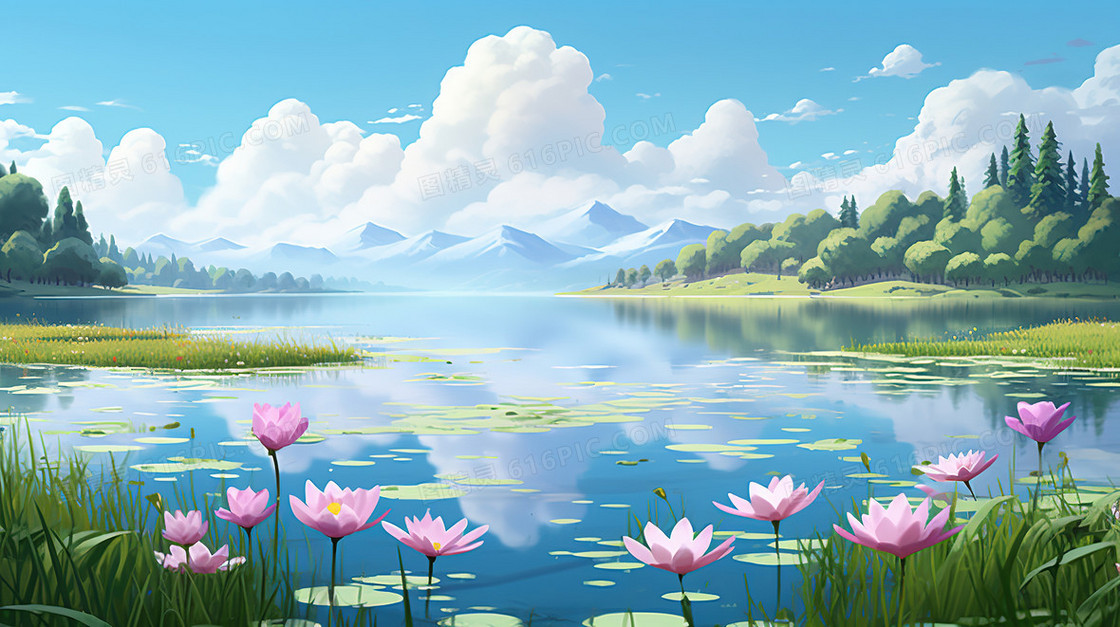春天湖泊里绽放的睡莲风景插画