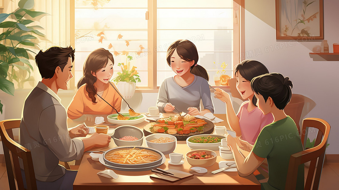 温馨的家庭聚餐插画