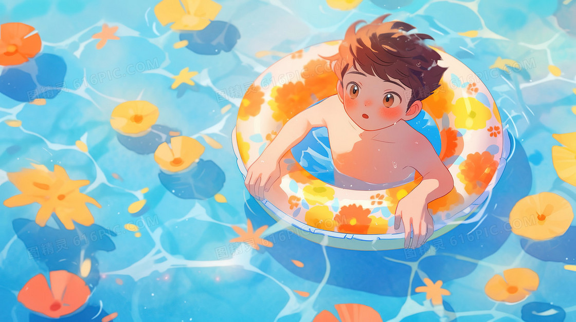 夏日在凉爽水里游泳的男孩插画