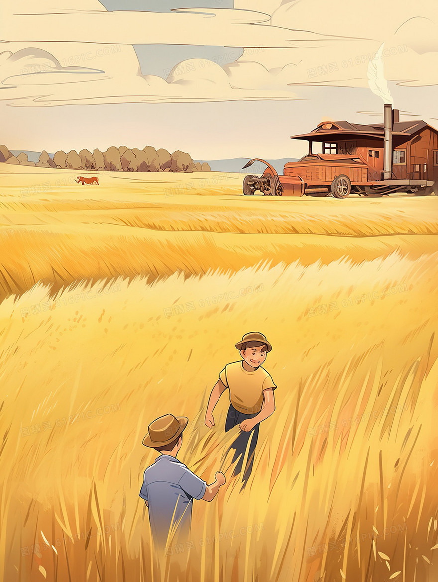 成熟的金色麦田里劳作的农民插画