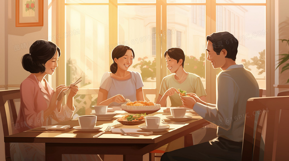 温馨的家庭聚餐插画