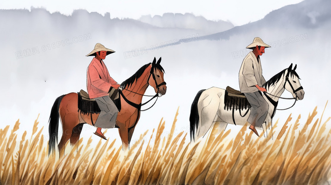 麦田里骑马穿行的人插画