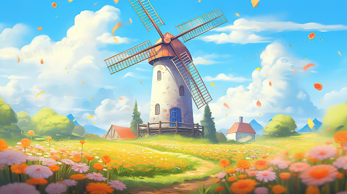 开满花朵山坡上的风车唯美风景插画