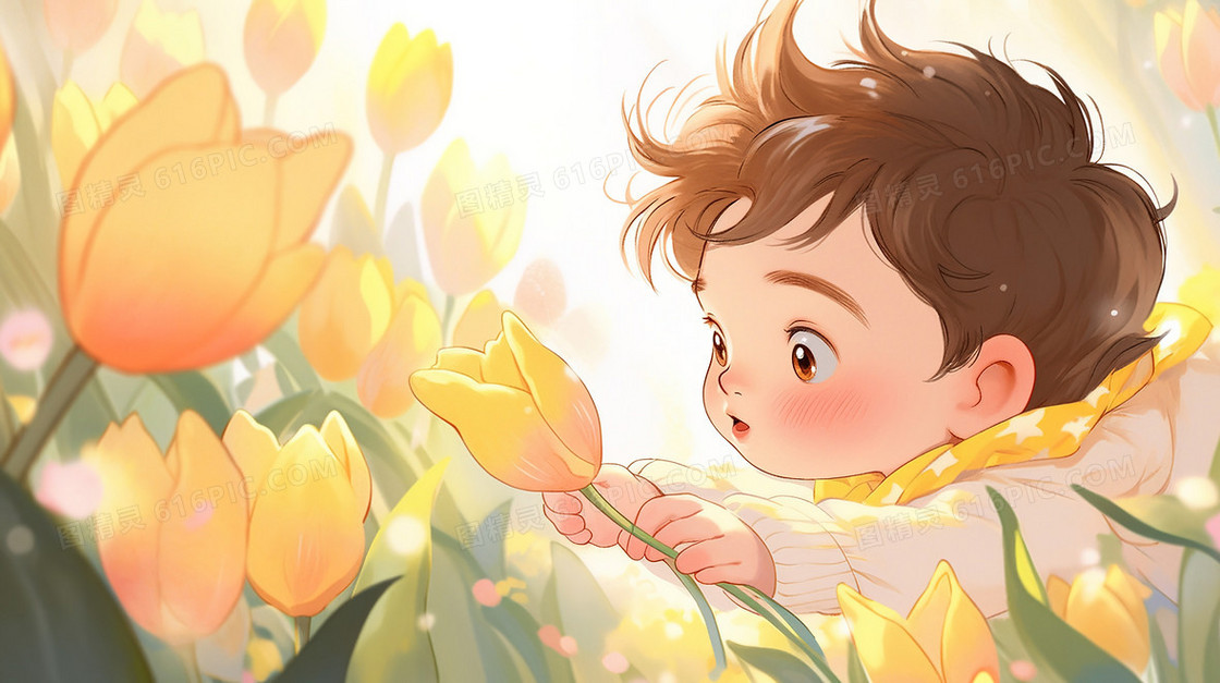 黄色郁金香花丛里的小男孩插画